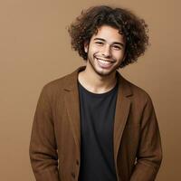 gratuit captivant portrait la photographie élégant Jeune homme avec une gagnant sourire, génératif ai photo