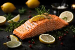 Frais Saumon filet avec citron, herbes et épices sur une noir Contexte. commercial promotionnel nourriture photo. ai génératif photo