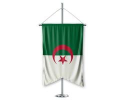 Algérie en haut fanions 3d drapeaux sur pôle supporter soutien piédestal réaliste ensemble et blanc Contexte. - image photo