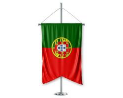 Portugal en haut fanions 3d drapeaux sur pôle supporter soutien piédestal réaliste ensemble et blanc Contexte. - image photo