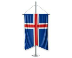 Islande en haut fanions 3d drapeaux sur pôle supporter soutien piédestal réaliste ensemble et blanc Contexte. - image photo