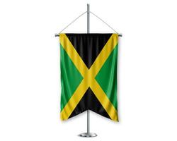 Jamaïque en haut fanions 3d drapeaux sur pôle supporter soutien piédestal réaliste ensemble et blanc Contexte. - image photo