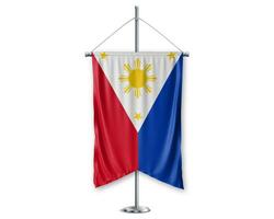 philippines en haut fanions 3d drapeaux sur pôle supporter soutien piédestal réaliste ensemble et blanc Contexte. - image photo