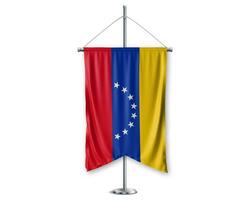 Venezuela en haut fanions 3d drapeaux sur pôle supporter soutien piédestal réaliste ensemble et blanc Contexte. - image photo