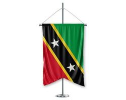 Saint kitts et nevis en haut fanions 3d drapeaux sur pôle supporter soutien piédestal réaliste ensemble et blanc Contexte. - image photo