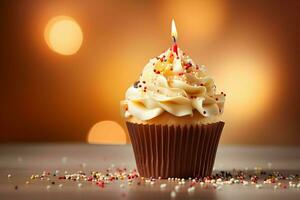 photo anniversaire petit gâteau avec bougie et avec glaçage arrangement génératif ai