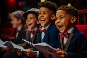 une bourgeonnant enfant dramaturge en portant leur scénario prêt à voir leur mots viens à la vie photo