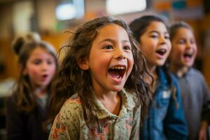 une groupe de enfants théâtre élèves avec enthousiasme répéter une animé musical nombre photo