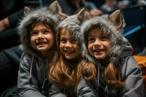 Jeune acteurs habillé dans adorable costumes vivement en attente leur indices coulisses photo