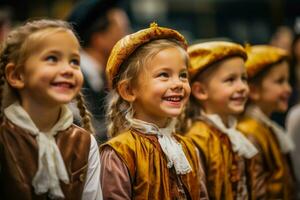 Jeune acteurs habillé dans adorable costumes vivement en attente leur indices coulisses photo