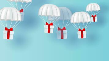 parachute blanc flottant sur ciel.livraison un service avec cadeau boîte sur bleu background.happy Nouveau ans et joyeux noël.festival transport concept.créatif papier Couper et artisanat style illustration photo