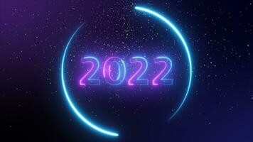 nombre 2022 néon lumière brillant embrasé. 2022 content Nouveau année foncé Contexte avec décoration avec néon nombre sur violet et bleu photo