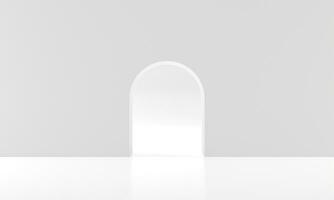 lumière porte dans blanc pièce avec blanc briller. affaires et liberté, espérer et imagination concept 3d le rendu, luminosité lumière Aller par le ouvert porte Contexte. moderne minimal concept. photo