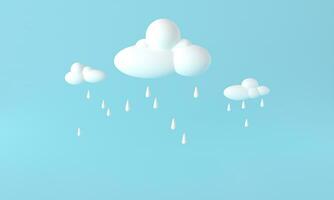 icône météo pluie rendu 3d. nuages de pluie et éclairs sur fond bleu. icône météo dessin animé 3d de pluie. signe de nuage et de gouttes de pluie isolé sur fond blanc. illustration du rendu 3d. photo