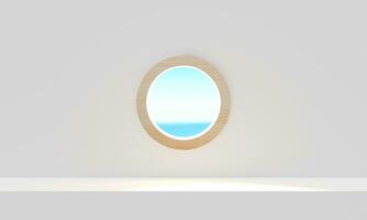 scène pour produit à côté de terrasse moderne minimal et luxe, mer vue dans cercle à vacances. 3d le rendu illustration touristique station balnéaire. vacances été saison fantaisie et réalité dans onirique les espaces photo