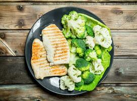 frit poulet steak avec brocoli dans une plaque. photo