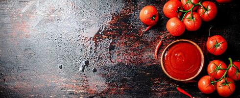 tomate sauce dans une assiette avec rouge poivre plateaux. photo