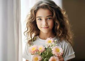 magnifique fille avec été bouquet de fleurs photo