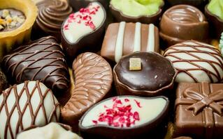 Chocolat des sucreries avec des noisettes et divers remplissages. photo