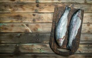 brut mer poisson Saumon sur une Coupe planche. photo