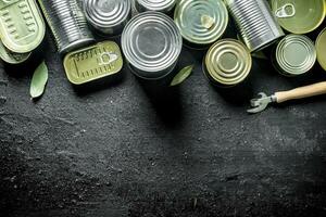 ensemble de différent sortes de étain canettes avec en conserve aliments. photo