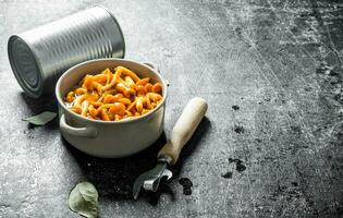 mariné champignons dans une étain pouvez et bol. photo