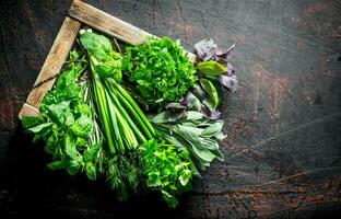 utile herbes sur le en bois plateau. photo