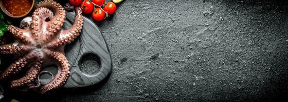 poulpe sur une Coupe planche avec Cerise tomates. photo