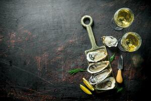 brut Huîtres sur une Coupe planche avec deux des lunettes de blanc du vin. photo