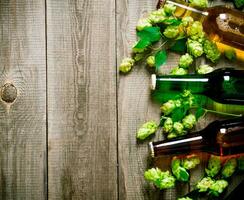 Bière et vert du houblon. sur en bois tableau. photo