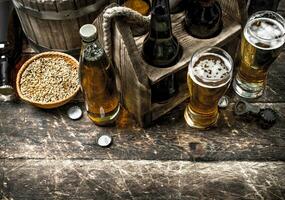 Frais Bière avec vert le houblon et malt. photo