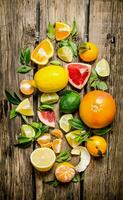 agrumes des fruits - pamplemousse, orange, mandarine, citron et chaux, tranché et entier avec feuilles. photo