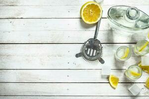 Vodka coups avec citron et glace. photo