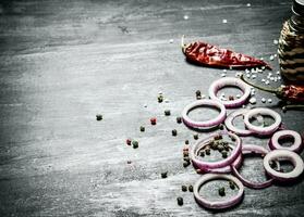 oignon anneaux et épices. sur noir rustique Contexte. photo