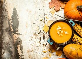 l'automne style. citrouille soupe avec graines. photo