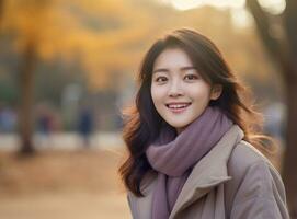 Jeune asiatique femme souriant dans une parc pendant l'automne. ai généré photo