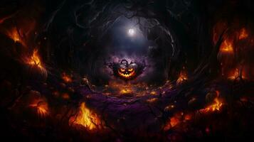 effrayant Halloween atmosphère - violet citrouille dans en colère et mystérieux Contexte. génératif ai, photo