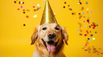 content d'or retriever chien célébrer anniversaire portant fête chapeau photo
