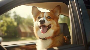 marrant content chien corgi coincé le sien visage en dehors le fenêtre de le voiture photo