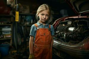 ingénieux voiture mécanicien enfant fille garage. produire ai photo