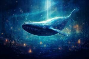 mystique gros baleine flottant dans étoiles. produire ai photo