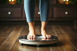 tondu image de femme pieds permanent sur peser échelles.génératives ai photo