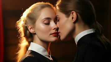 deux Jeune lesbiennes baiser chaque autre tendrement. marié lesbienne couple.génératif ai photo