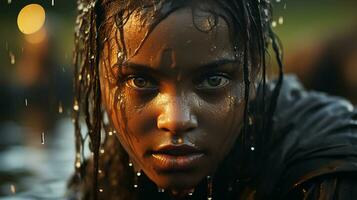 Hongrie ougandais les enfants , kilembé district comme arrière-plan, lutte avec esprit concentrer sur yeux, fluide art, l'eau splashes.génératif ai photo