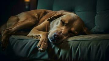 une chien en train de dormir sur une canapé ai génératif photo