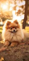 une petit chien séance sur le herbe avec ses langue en dehors ai génératif photo