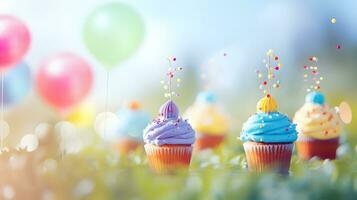 anniversaire tasse gâteau avec des ballons Contexte. ai généré photo