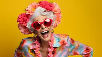 un personnes âgées femme avec une vibrant personnalité et unique sens de style ai généré photo