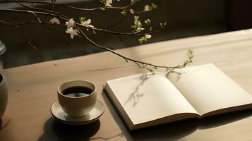 photo de une tasse de café et un ouvert livre sur une table ai généré