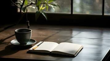 photo de un ouvert livre et tasse de café sur une table ai généré